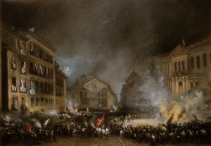 حلقة من ثورة 1854 في بويرتا ديل سول في مدريد. اللوحة بواسطة أوجينيو لوكاس فيلازكيز