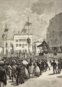 إزاحة الستار عن نصب تذكاري لفيكتور إيمانويل الثاني (1820-1878) ، أول ملك لإيطاليا ، بحضور أومبرتو الأول (1844-1900) ، ملك إيطاليا ، تمثال أوجينيو ماكناني (1852-1930) ، ليتشي ، إيطاليا بواسطة أوجينيو ماكاغناني