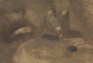 الخياطة النسائية على طاولة ، كاليفورنيا. 1894-96. بواسطة يوجين كاريير