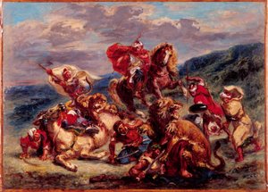 الفرنسية: Chasse au lion بواسطة يوجين ديلاكروا
