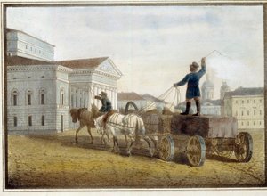 نقل كتل الجرانيت إلى ساحة المسرح في سانت بطرسبرغ. عمل يوجين بلوشارت (1809-1880) ، ألوان مائية على ليثوجراف