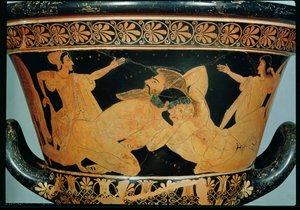 العلية الحمراء كاليكس-كريتر تصور هيراكليس تتصارع مع Antaeus ، من Cervetri ، c.510 قبل الميلاد (سيراميك) (انظر أيضًا 92569)