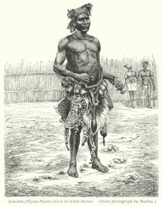 Azandeh (Nyam-Nyam) binsa أو witch-doctor (النقش) بواسطة المدرسة الأوروبية