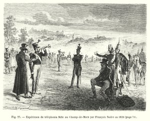 تجربة الهاتف صنع في Champ-de-Mars بواسطة Francois Sudre في عام 1829 (نقش) بواسطة المدرسة الأوروبية