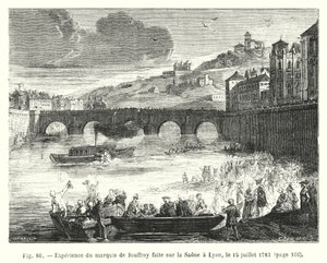 تجربة Marquis de Jouffroy التي تم إجراؤها على Saone في ليون ، 15 يوليو 1783 (نقش) بواسطة المدرسة الأوروبية