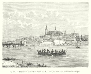تجربة قام بها السيد جاكوبي في نيوا عام 1839 بمحرك كهربائي (نقش) بواسطة المدرسة الأوروبية