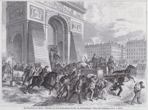 الهاربون من قصف الجيش الفرنسي لنويلي مرورًا بقوس النصر ، باريس كومونة ، أبريل 1871 (نقش) بواسطة المدرسة الأوروبية