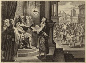 أمر الملك أحشويروش بإحضار الكتاب الذي يؤرخ عهده وقراءته عليه (نقش) بواسطة المدرسة الأوروبية