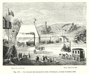 مسابقة القاطرة التي أقيمت في ليفربول في أكتوبر 1829 (نقش) بواسطة المدرسة الأوروبية
