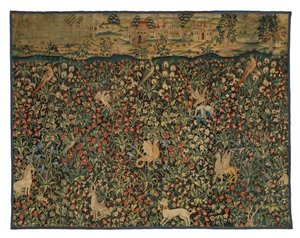 جزء من نسيج ميل فلورز يصور الحيوانات والطيور والمناظر الطبيعية، حوالي 1500 (صوف) بواسطة المدرسة الأوروبية