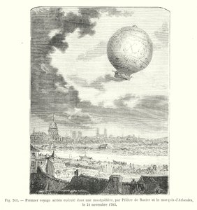 أول رحلة جوية تم إجراؤها في منطاد الهواء الساخن ، بواسطة Pilatre de Rozier و Marquis d'Arlandes ، 21 نوفمبر 1783 (نقش) بواسطة المدرسة الأوروبية
