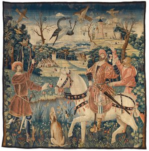 نسيج يصور رحلة مالك الحزين quot;Combat d#39;un Heron et un Fauconquot;، ربما من تورين (الصوف) بواسطة المدرسة الأوروبية