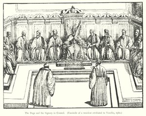 The Doge and the Signory in Council (نقش) بواسطة المدرسة الأوروبية