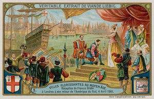 استقبال فرانسيس دريك إلى لندن من أمريكا الجنوبية عام 1581 (chromolitho) بواسطة المدرسة الأوروبية
