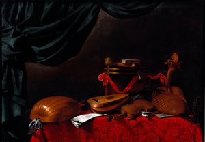 لا تزال الحياة مع الآلات الموسيقية ولوحة كمثرى بواسطة Evarista Baschenis (1617-1677) من القرن السابع عشر. بيرغامو ، أكاديميا كارارا ، إيطاليا