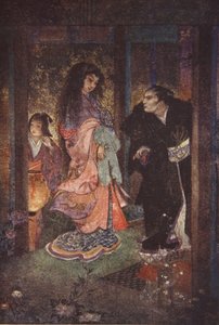 تعرفت شينزابورو على تسوي وخادمتها يون ، رسم توضيحي من كتاب "أساطير وأساطير اليابان" بقلم إف. هادلاند ديفيس بواسطة إيفلين بول