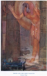 تحوت وكبير السحرة ، رسم توضيحي من "كتاب الأساطير" (لون الحجر الصخري) بواسطة إيفلين بول