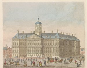 القصر الملكي بميدان السد حوالي ١٨١٠-١٨١٣ Vue du Palais Roijal، et de la Place le Dam (العنوان على الكائن)