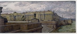 مكان مجلس الشيوخ في سانت بطرسبرغ. وصف المباني على ضفة نهر نيفا. عمل Evgeny Evgenyevich Lanceray (Eugene Lansere) (1875-1946) ، طباعة حجرية