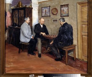 لاعبو المسودات. لوحة إيفجيني يوسيفوفيتش بوكوفيتسكي (1866-1948). زيت على قماش ، 71 × 80 سم بواسطة يفجيني يوسيبوفيتش بوكوفيتسكي