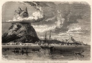 رادي وذروة جزيرة بورابرا ، رسمه إيفريموند أوغست دي بيرارد (1824-1881) ، لتوضيح رحلة عالم الطبيعة في أرخبيل غالاباغوس والجزر المرجانية ، في عام 1858 بواسطة تشارلز داروين (1809-1882). نقش في "" Le Tour du mond
