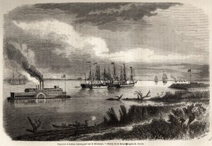 سفينة وزورق قاطرة على نهر المسيسيبي ، رسمها إيفريموند أوغست دي بيرارد (1824-1881) لتوضيح الرحلة إلى نيو أورلينز في عام 1855 بواسطة إليزيه (إليسي) ريكلس (1830-1905). نقش في "" Le Tour du monde، nouveau journal des voyages "" باريس