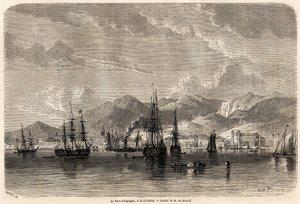 ميناء إسبانيا ، في ترينيداد (ترينيداد وتوباغو) ، رسمه إيفريموند أوغست دي بيرارد (1824-1881) ، لتوضيح الرحلات إلى جزر الهند الغربية ، في 1858-1859 ، بواسطة أنتوني ترولوب (1815-1882). نقش في "" Le Tour du monde ، مجلة nouveau des voya