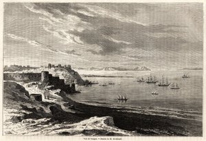 منظر لطنجة (المغرب) ، رسمه إيفريموند دي بيرارد (1824-1881) ، لتوضيح ملاحظات سفر إم إف إس تشيكلر إلى المغرب. نقش في "" حول العالم ، مجلة سفر جديدة "" باريس