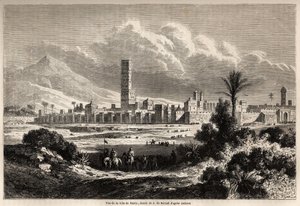 منظر لمدينة مراكش (المغرب سابقًا) ، رسمه أوغست دي بيرارد (1824-1881) ، لتوضيح السيد ف. رحلة شيكلر إلى المغرب عام 1860. نقش في "" Le Tour du monde، nouveau journal des voyages "" باريس