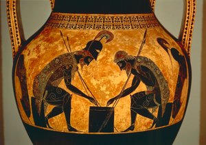 Attic black-figure amphora depicting Achilles and Ajax playing dice, from Vulci, c.540-530 BC (ceramic) (detail) بواسطة Exekias Exekias