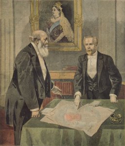 الاتفاقية الأنجلو فرنسية الموقعة في لندن من قبل بول كامبون (1843-1924) السفير الفرنسي ، واللورد ساليسبري (1830-1904) رئيس الوزراء البريطاني ، من لو بيتيت جورنال ، 9 أبريل 1899 (ملون