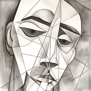 رسم تجريدي بالقلم الرصاص بدائي يصور صورة وجه حزينة بواسطة فشتالي عبد الرحيم
