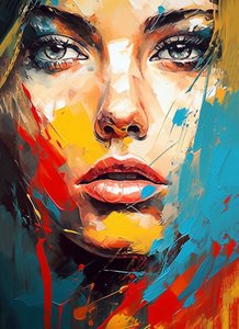 رسم صورة وجه امرأة جميلة، عيون زرقاء، نمط تعبيري، مطبوعات فنية جدارية