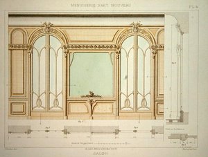 تصميم لجدار غرفة المعيشة ، رسم توضيحي من 'Menuiserie d'Art Nouveau' نُشر عام 1900 (حجر ليثو ملون)