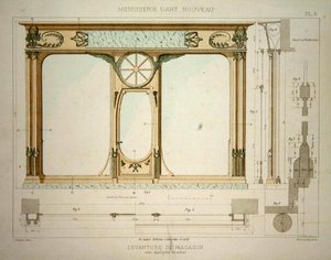 تصميم لواجهة متجر ، رسم توضيحي من "Menuiserie d'Art Nouveau" نُشر عام 1900 (حجر ليثو ملون)