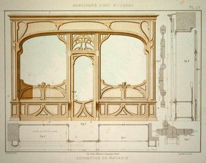 تصميم لواجهة متجر ، رسم توضيحي من "Menuiserie d'Art Nouveau" نُشر عام 1900 (حجر ليثو ملون)
