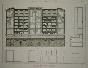 تصميم لخزانة القرطاسية ، رسم توضيحي من 'Menuiserie d'Art Nouveau' نُشر عام 1900 (حجر ليثو ملون)