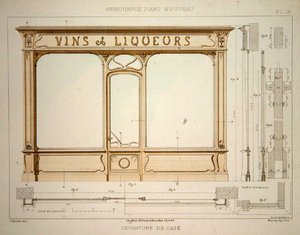 تصميم لواجهة متجر تاجر نبيذ ، رسم توضيحي من 'Menuiserie d'Art Nouveau' نُشر عام 1900 (حجر ليثو ملون)