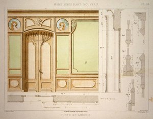 باب وحواف ، رسم توضيحي من "Menuiserie d'Art Nouveau" نُشر عام 1900 (لون ليثو)