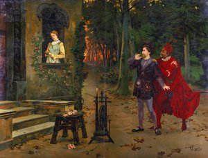 اللقاء مع مارغريت. ميفيستو (مفيستوفيليس). رسم توضيحي لـ "" فاوست "، أوبرا شارل جونود (1818 - 1893). الطباعة الحجرية الملونة لـ F. Cipolla.