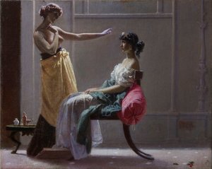 Scapigliatura: Toletta Antica (Toilette ancienne) par Faruffini ، Federico (1831-1869). زيت على قماش ، مقاس: ٤٠ × ٤٩.٥