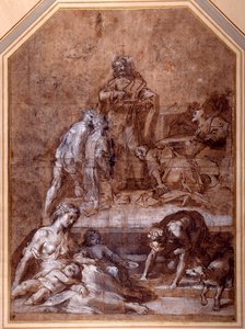 Religious allegory, the gathering of the Manna and the Institution of the Eucharist (pen & ink and chalk with wash, heightened with white on paper) بواسطة Federico Fiori Barocci أو Baroccio