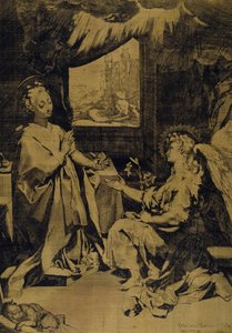 The Annunciation (etching, engraving & drypoint on yellow silk taffeta)