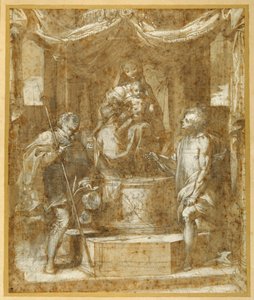 The Virgin and Child enthroned under a canopy, with Sts Roch and Sebastian (pen & brown ink with brown wash and heightening) بواسطة Federico Fiori Barocci أو Baroccio