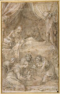 The Birth of the Virgin, after Taddeo Zuccaro (pen & ink on paper)