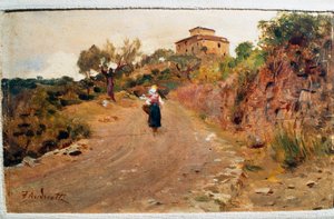 مزارع في الشارع ، حوالي عام 1900 ، بواسطة Federico Andreotti (1847-1930) ، زيت على لوح ، 9x15 سم ، إيطاليا بواسطة Federigo Andreotti