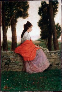 سيدة شابة تنتظر شيئًا ما ، جالسة على جدار صغير - لوحة رسمها Federico Zandomeneghi (1841-1917) مجموعة خاصة