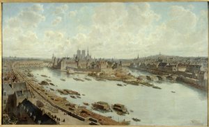 منظر بانورامي لباريس في عام 1588، من على أسطح متحف اللوفر، مع جسر بونت نوف قيد الإنشاء بواسطة فيدور (1839 1922) هوفباور