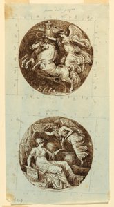 رسم، نصر مجنح يركب عربة؛ نصر مجنح يتوج مينيرفا؛ رسمان دائريان، حوالي 1805 بواسطة فيليس جياني