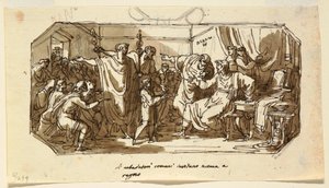 رسم، تصميم السقف: السفير الروماني يطلب من سابين نوما بومبيليوس أن يحكم روما، سالا دي نوما بومبيليو، قصر ميلزيتي، فاينزا، 1802-05 بواسطة فيليس جياني